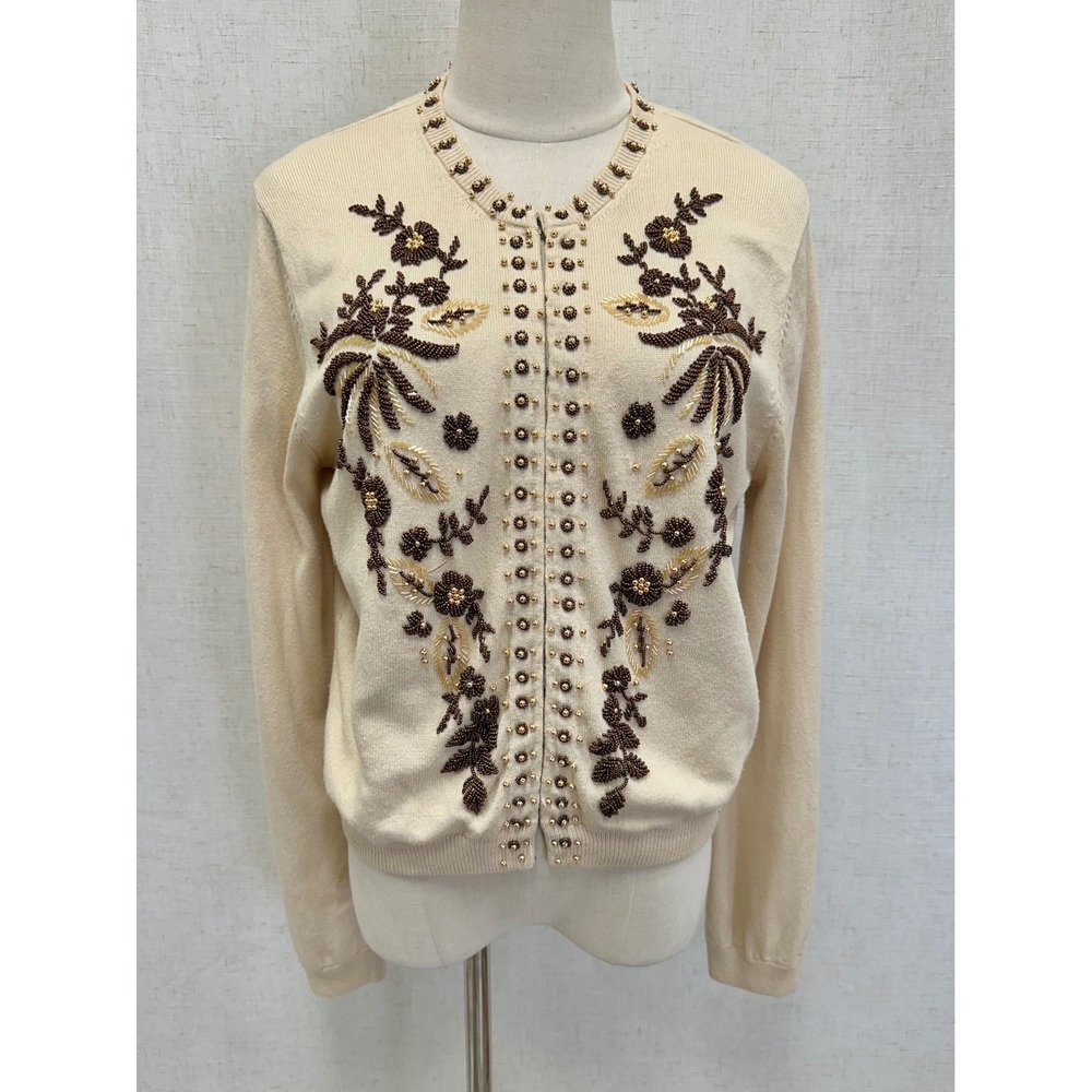 Moda International Y2k Silk Cotton Floral Beaded Cardigan Sweater Size Large